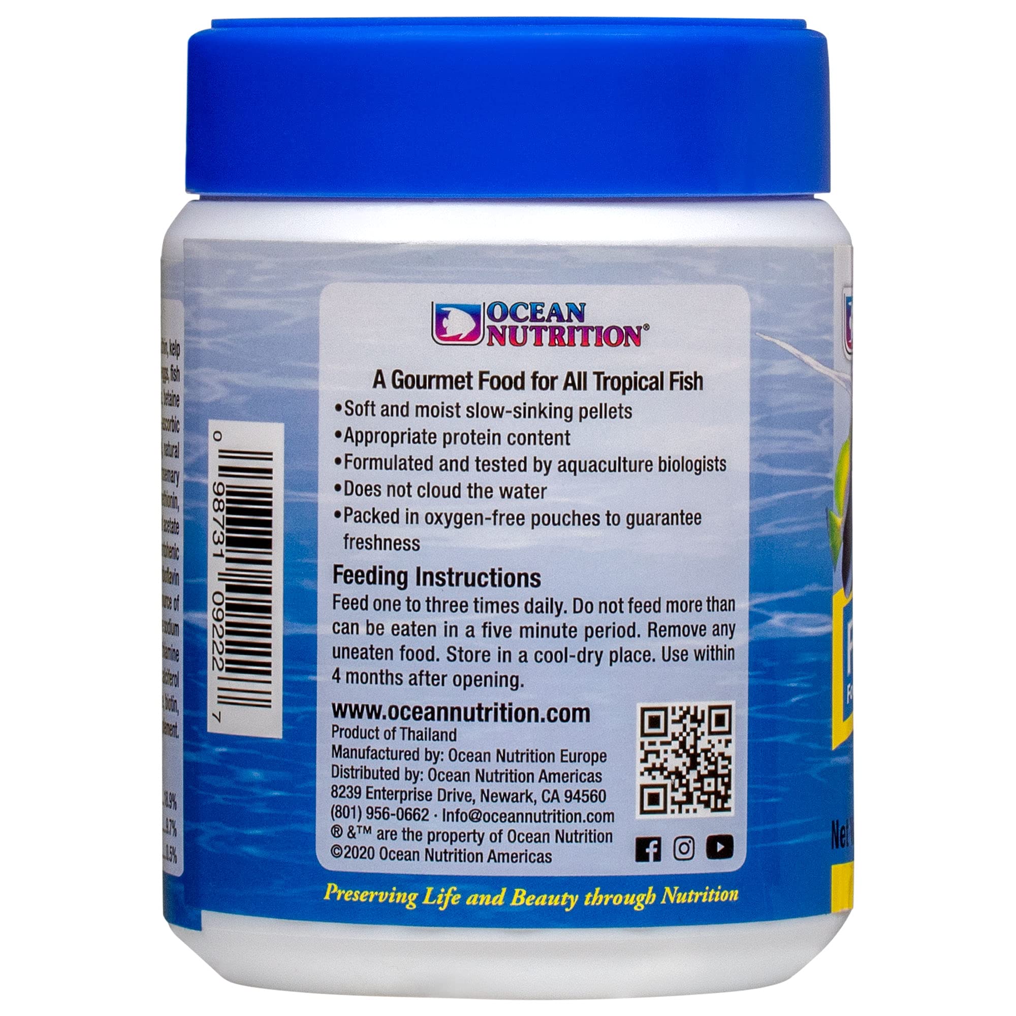 Ocean Nutrition fish food flakes alternative shown as soft pellets supporting clear water.