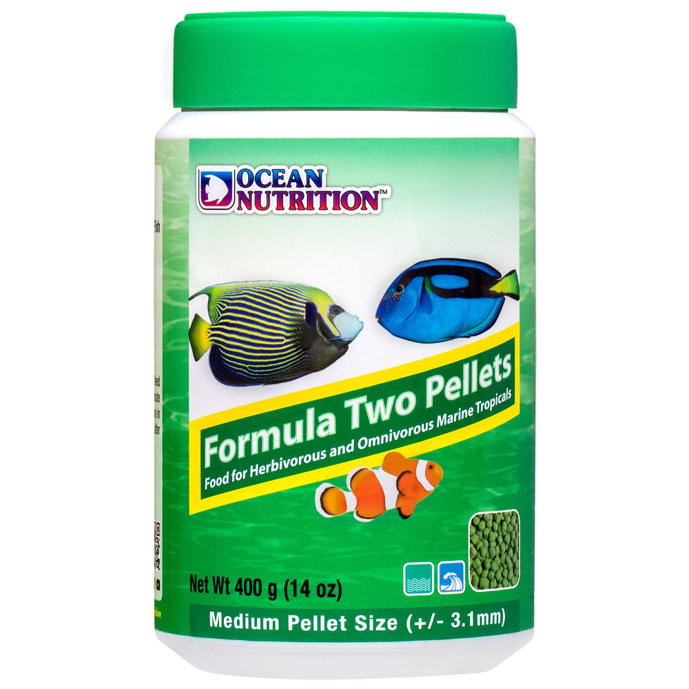 Ocean Nutrition Formula Two Pellets jar-open close-up shows convenient storage and long-lasting freshness.