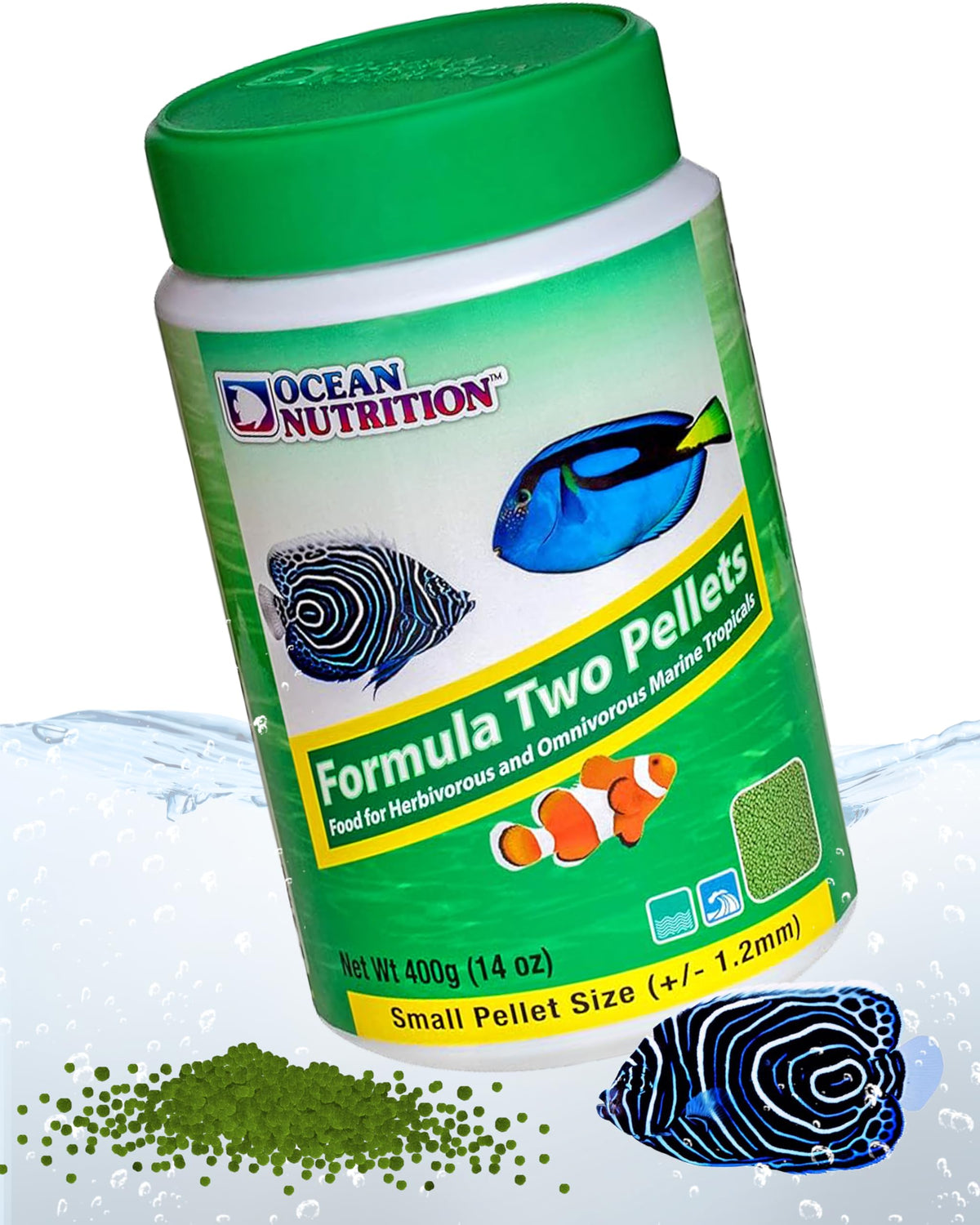 Ocean Nutrition Formula Two Pellets packshot highlights freshness and balanced nutrition for herbivorous and omnivorous fish.