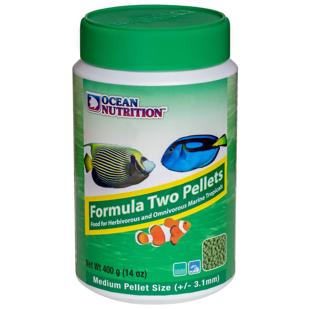 Ocean Nutrition Formula Two Pellets spirulina ingredients close-up emphasizes nutrient-rich formula for color and growth.