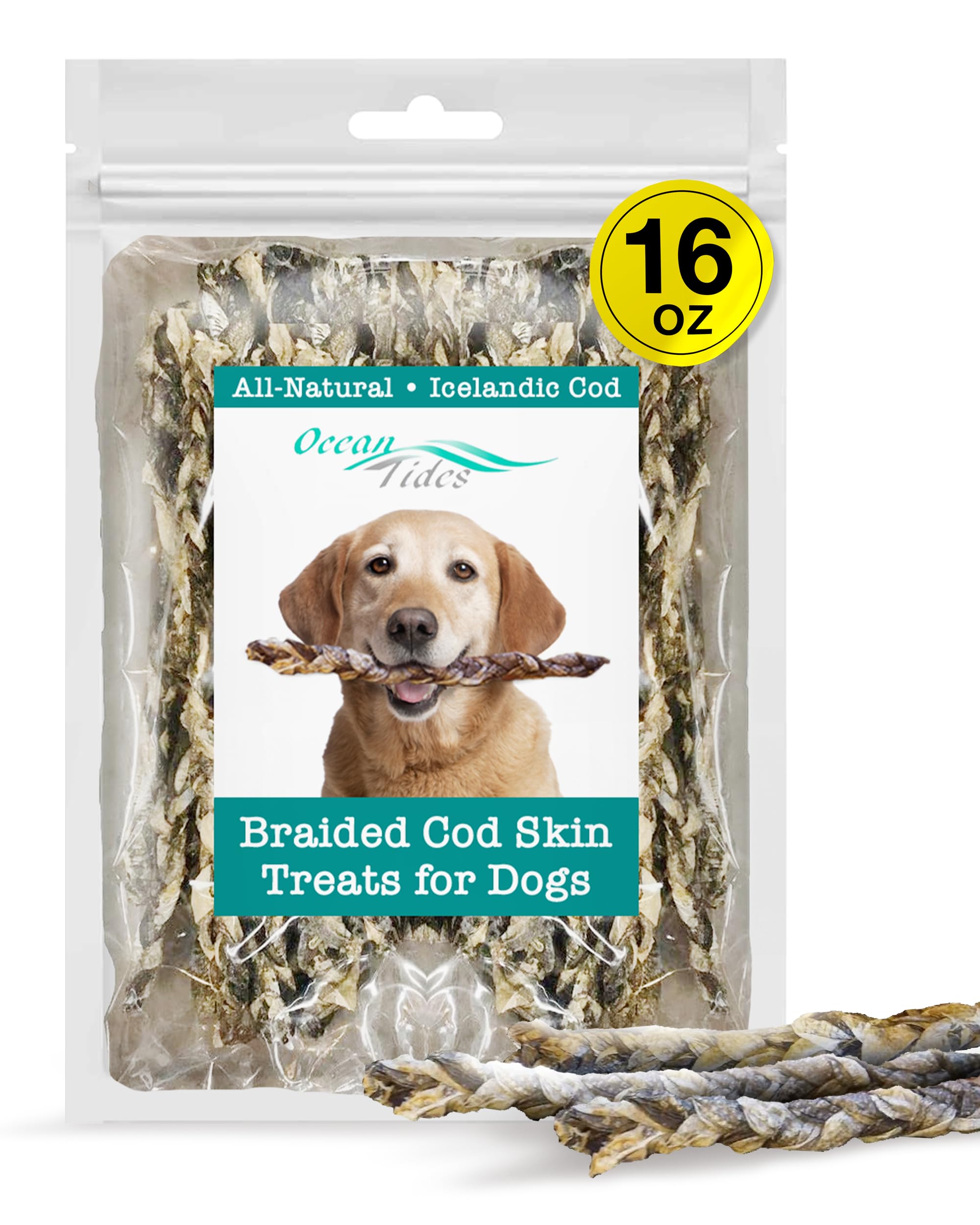 Ocean Tides braided Icelandic cod skins pack for dogs and cats—delicious protein-rich reward