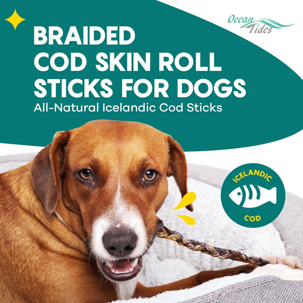 Ocean Tides dried cod skin sticks close-up—single-ingredient treat detail