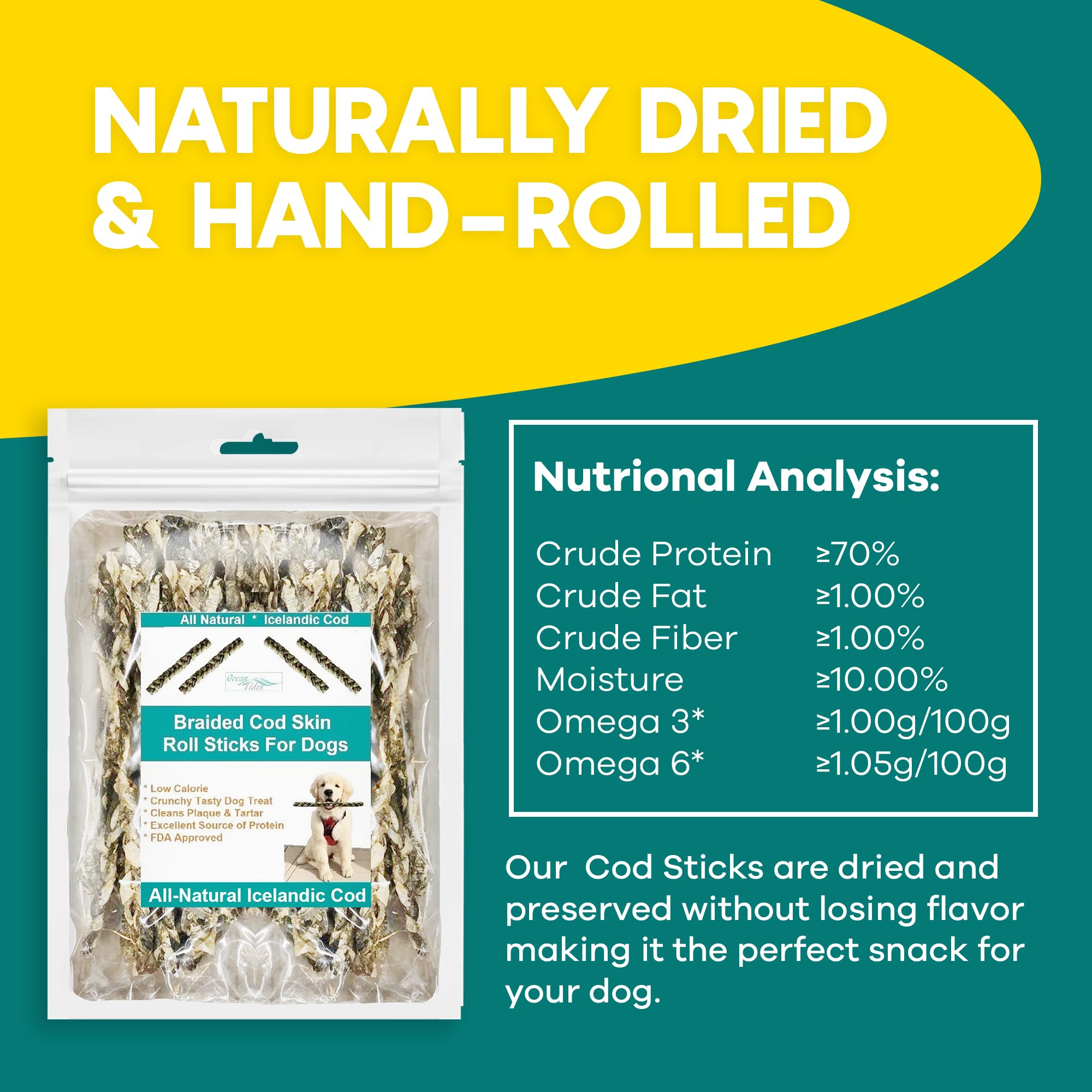 Ocean Tides omega-rich cod skins provide essential fatty acids