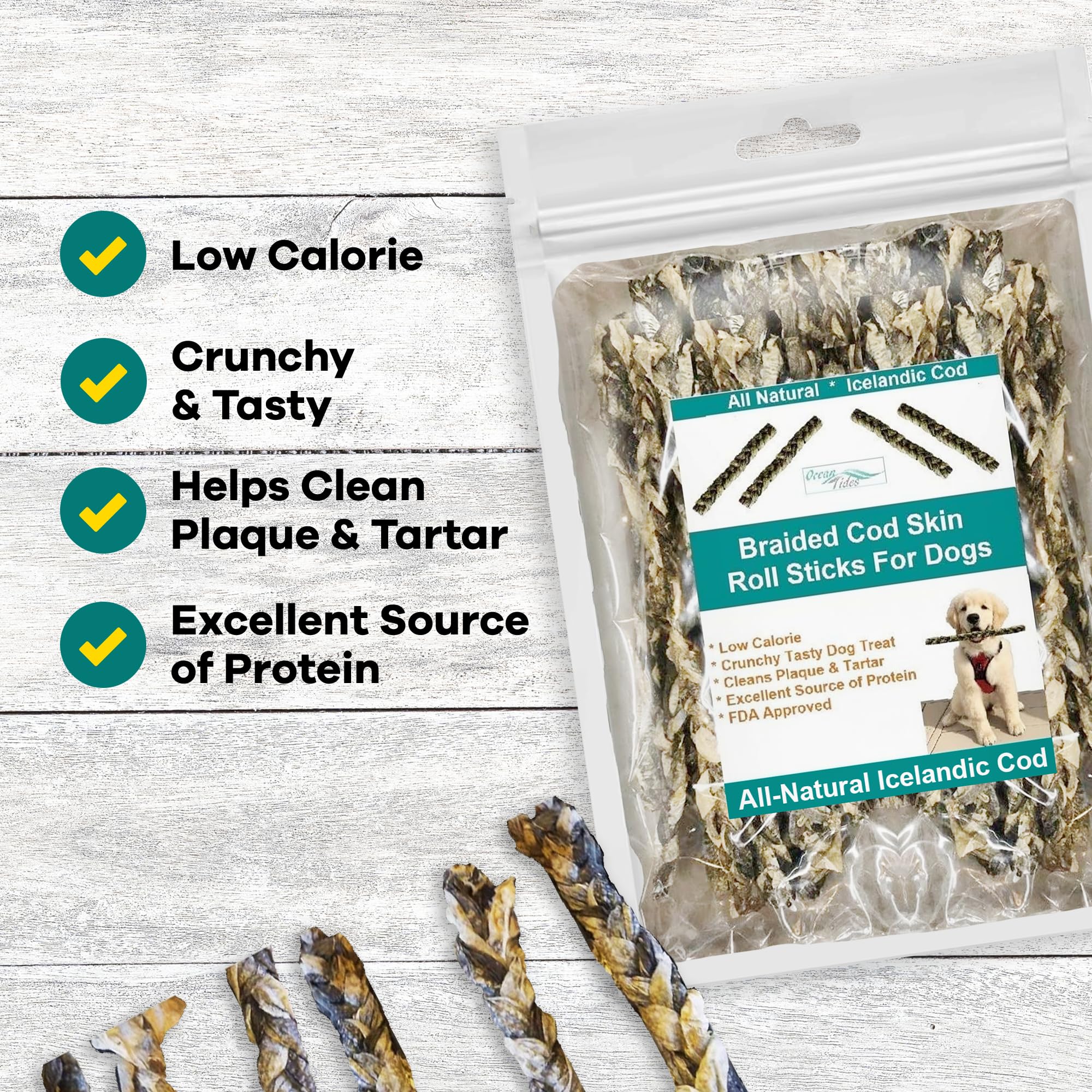 Ocean Tides wild-caught Icelandic cod skins snack for pets