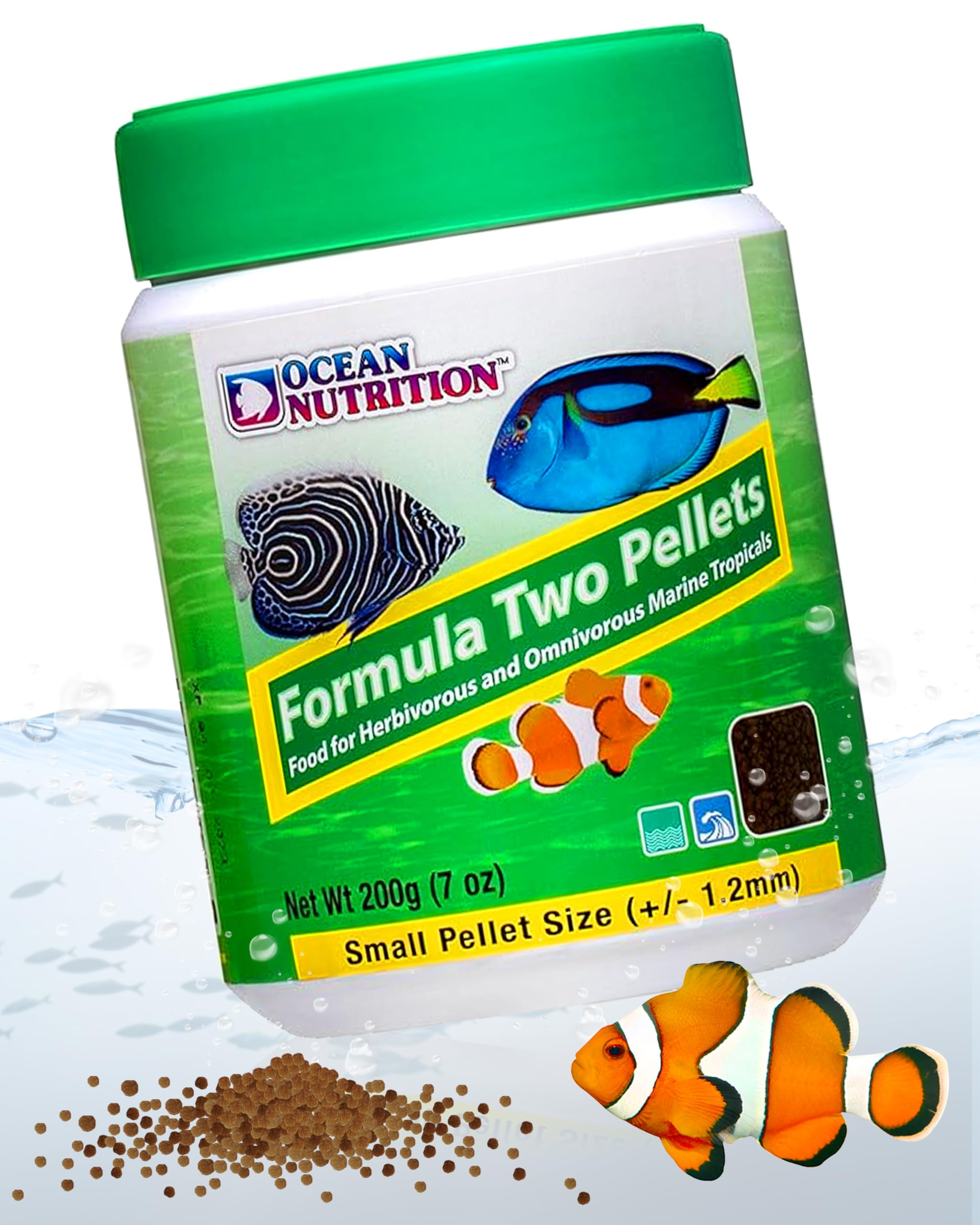 Ocean Nutrition Formula Two Pellets en envase, alimento práctico para peces tropicales marinos