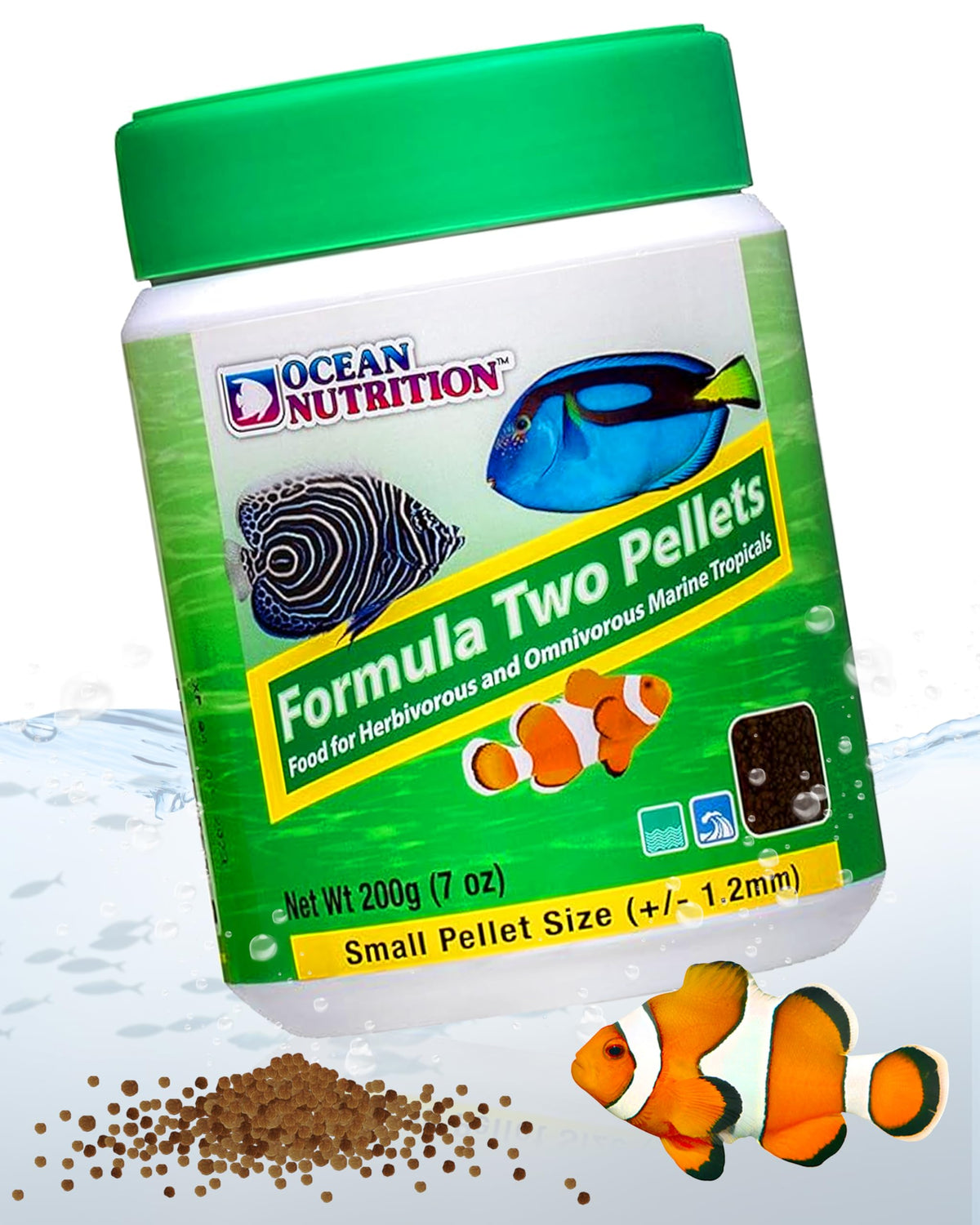 Ocean Nutrition Formula Two Pellets en envase, alimento práctico para peces tropicales marinos