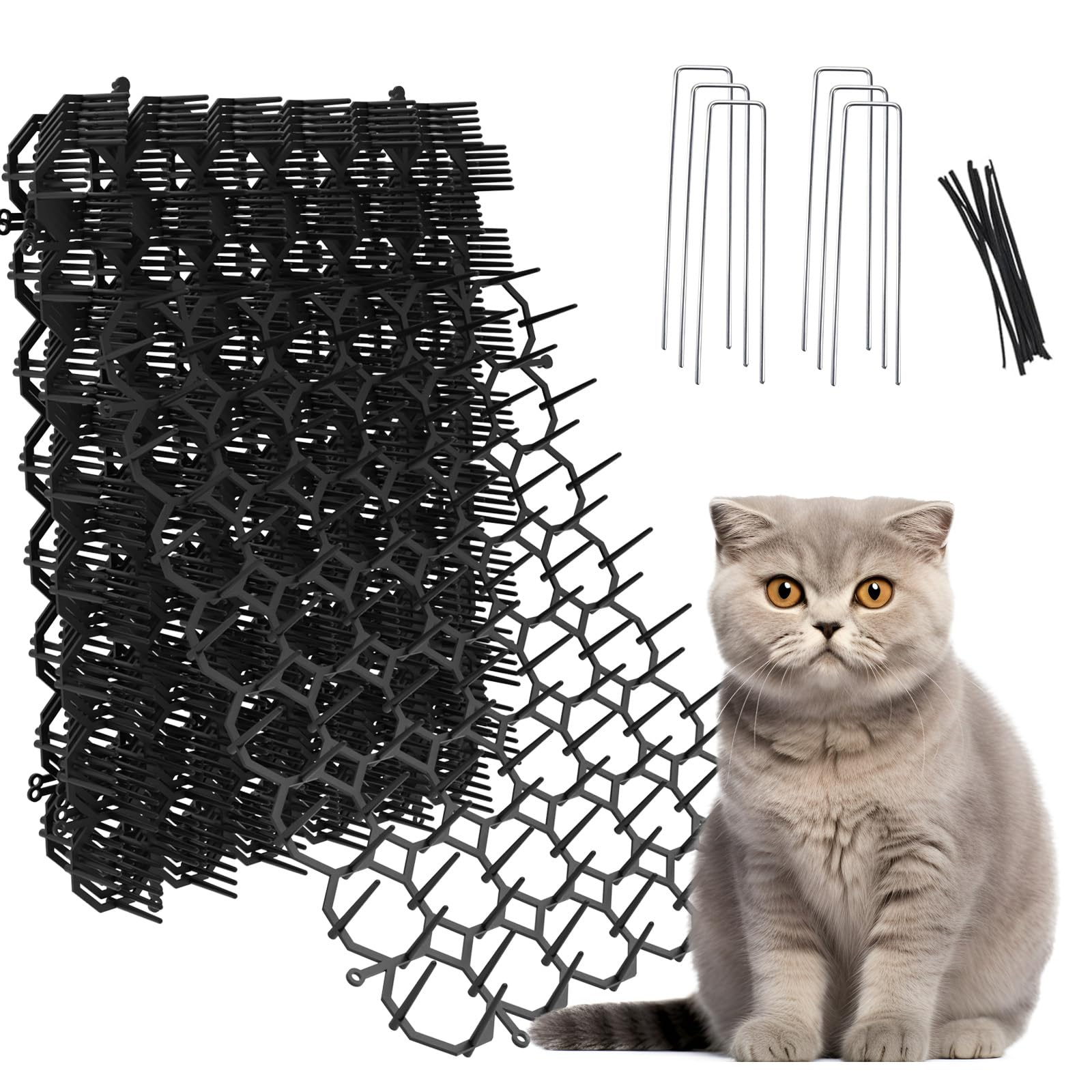 OceanPAX scat mat on garden fence deters cats while protecting garden plants.