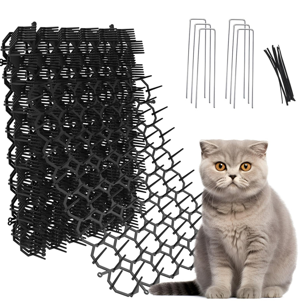 OceanPAX scat mat on garden fence deters cats while protecting garden plants.