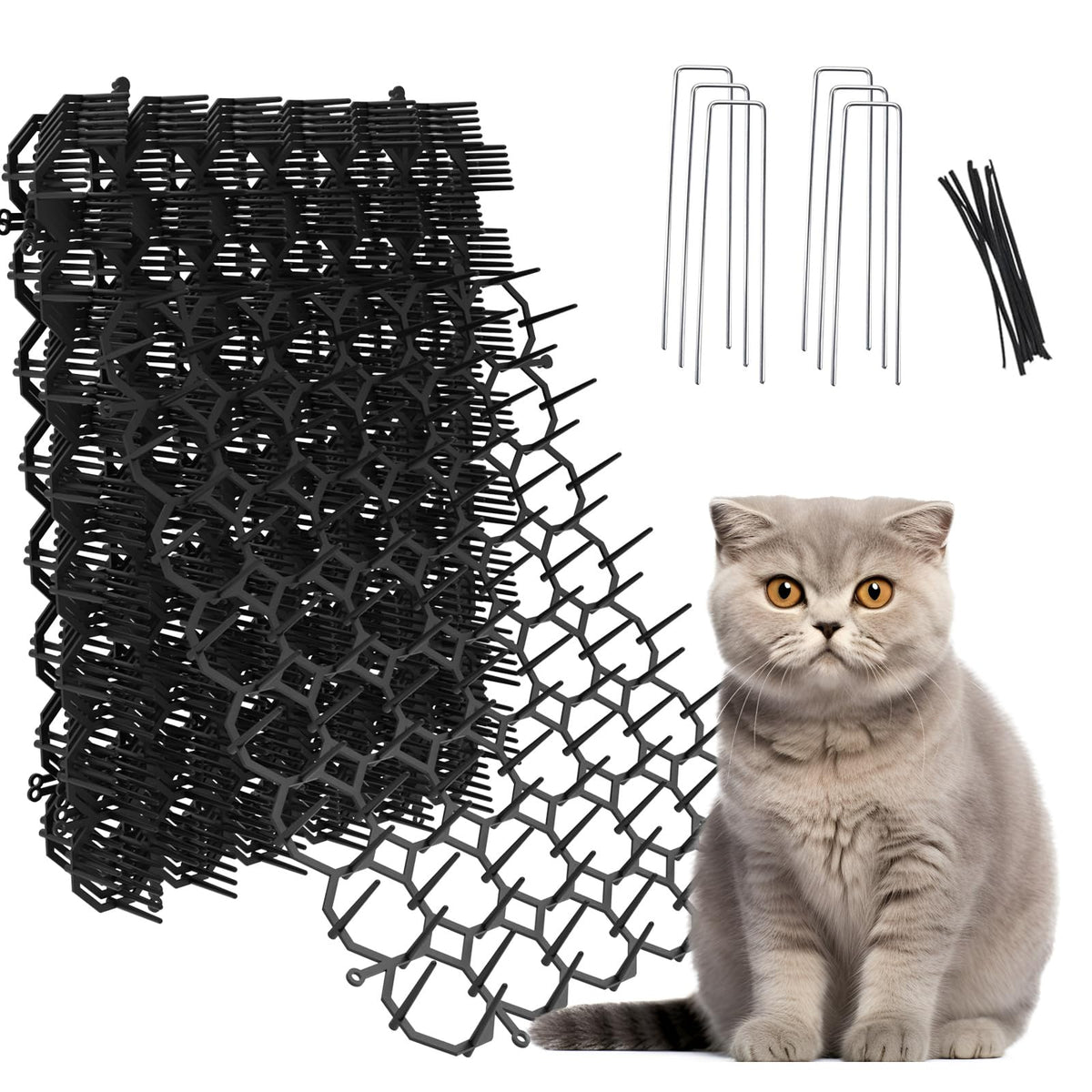 OceanPAX scat mat on garden fence deters cats while protecting garden plants.