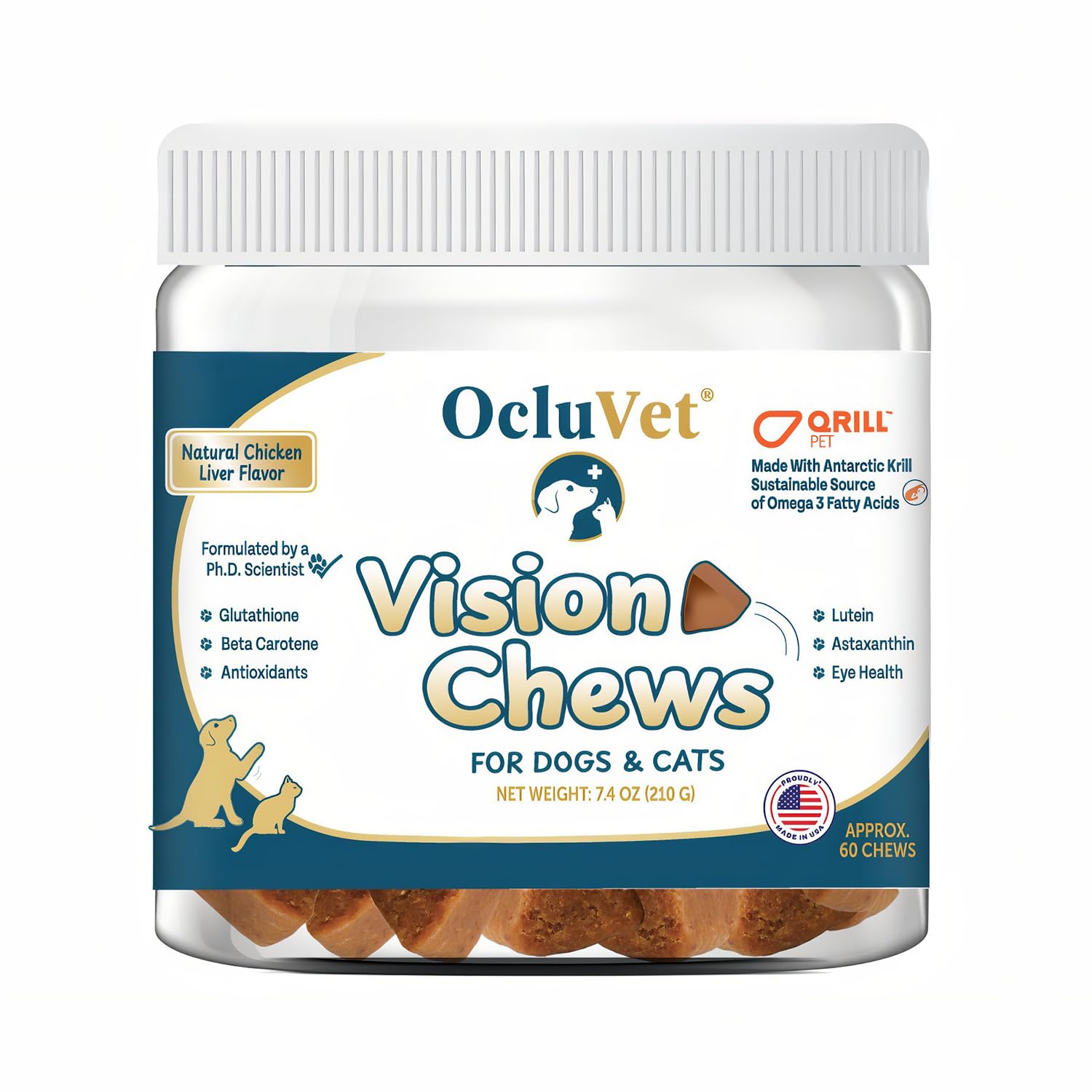 OcluVet Vision Chews bottle front showing eye-support formula for dogs and cats.