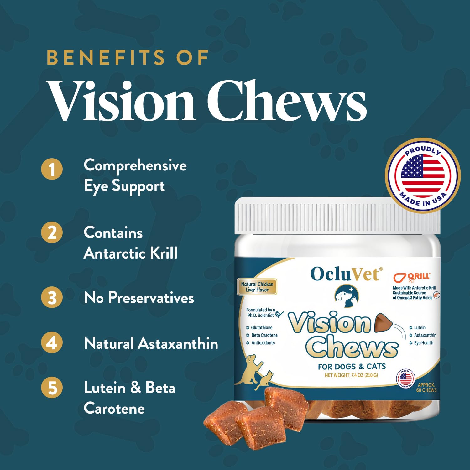 OcluVet Vision Chews dog serving with tasty chicken liver flavor for daily eye support.