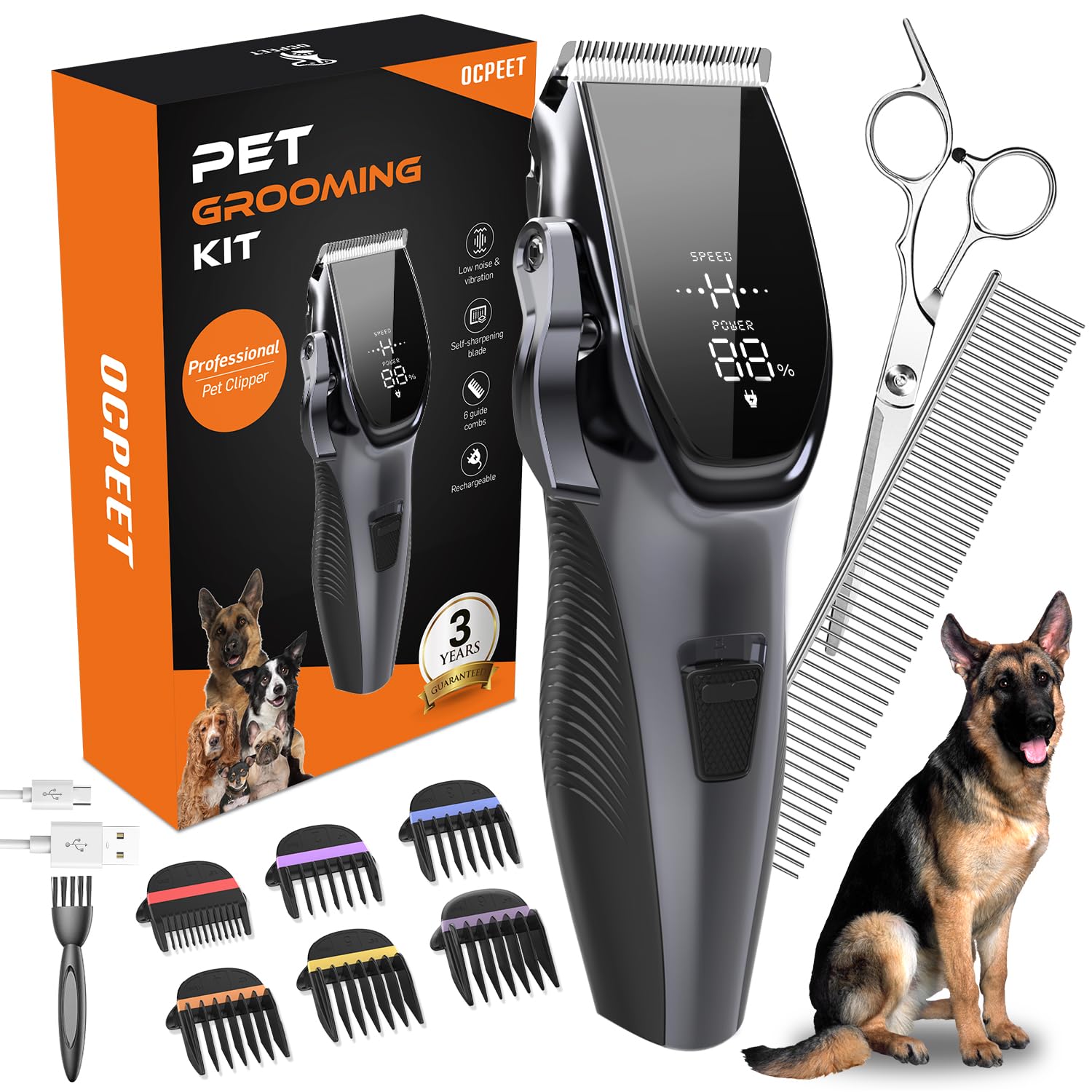 OCPEET dog grooming kit low-noise motor for calm, stress-free grooming.