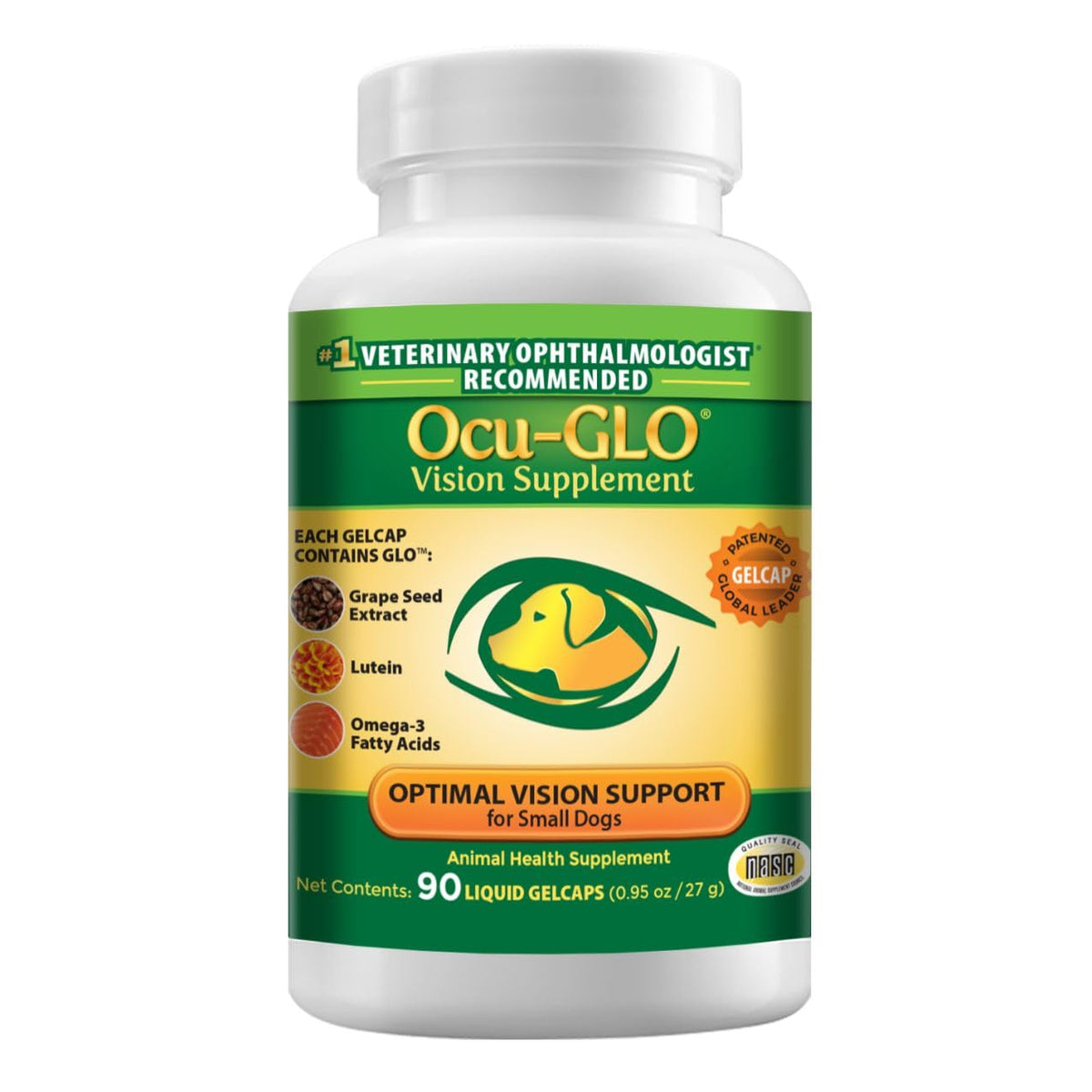 Ocu-GLO canine vision supplement bottle for small dogs supports daily eye health.