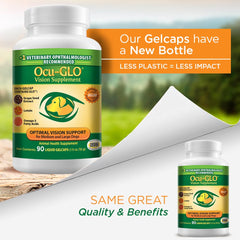 Ocu-GLO daily supplement close-up highlights antioxidant-rich formula for dogs.