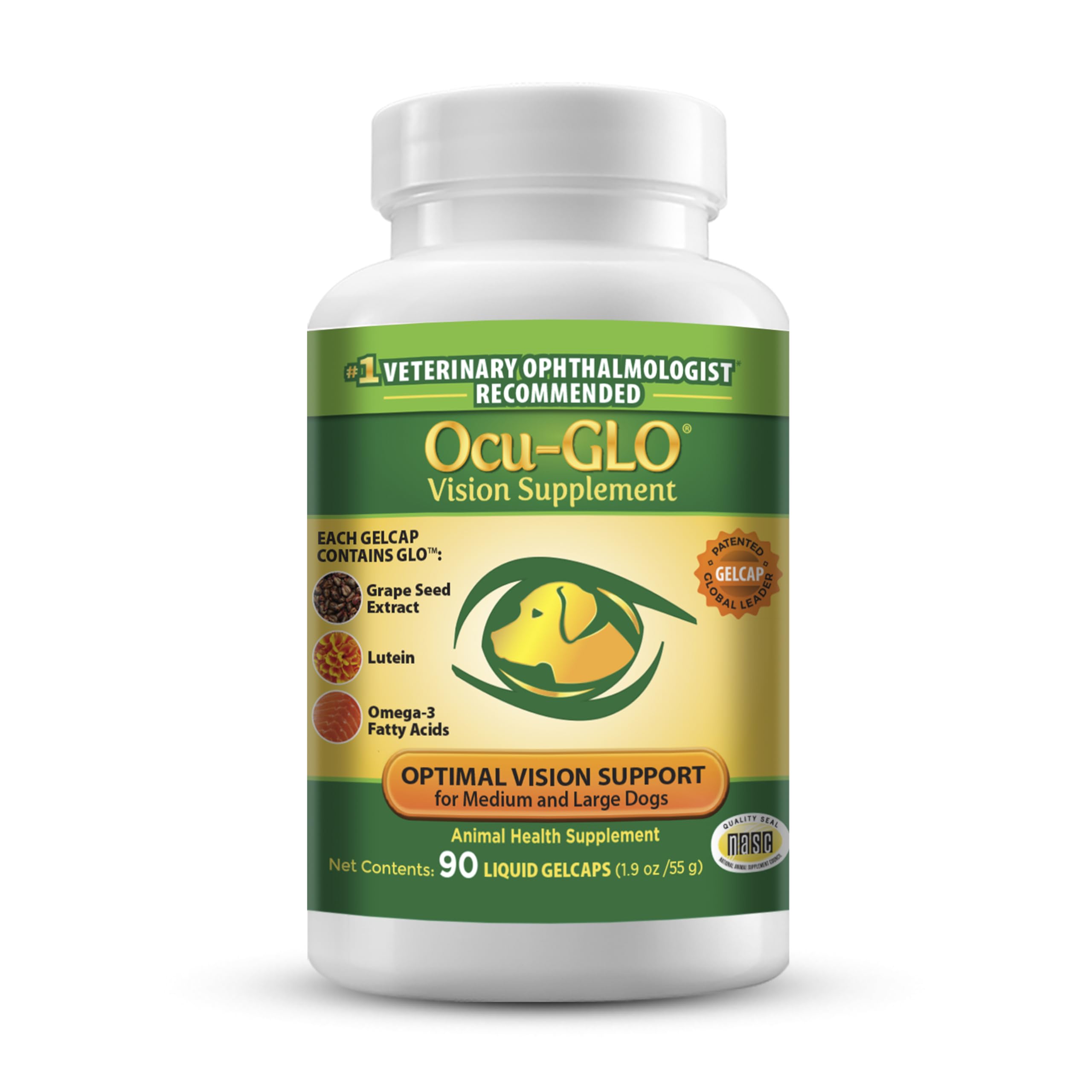 Ocu-GLO dog eye-health bottle shown for daily eye wellness support.