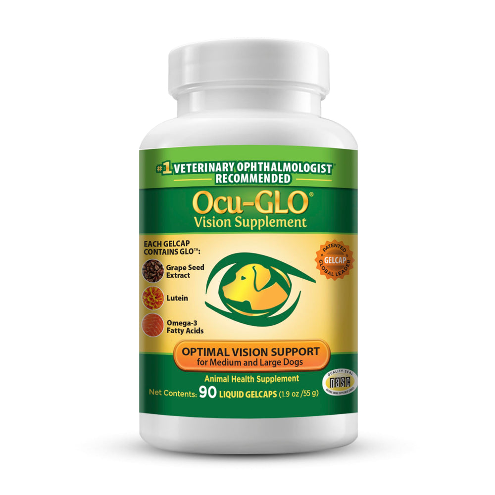 Ocu-GLO dog eye-health bottle shown for daily eye wellness support.