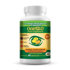 Ocu-GLO dog eye-health bottle shown for daily eye wellness support.
