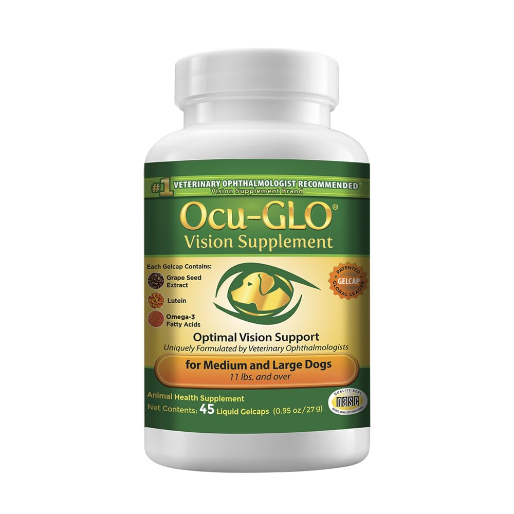 Ocu-GLO dog-eye-supplement bottle for daily eye health support.