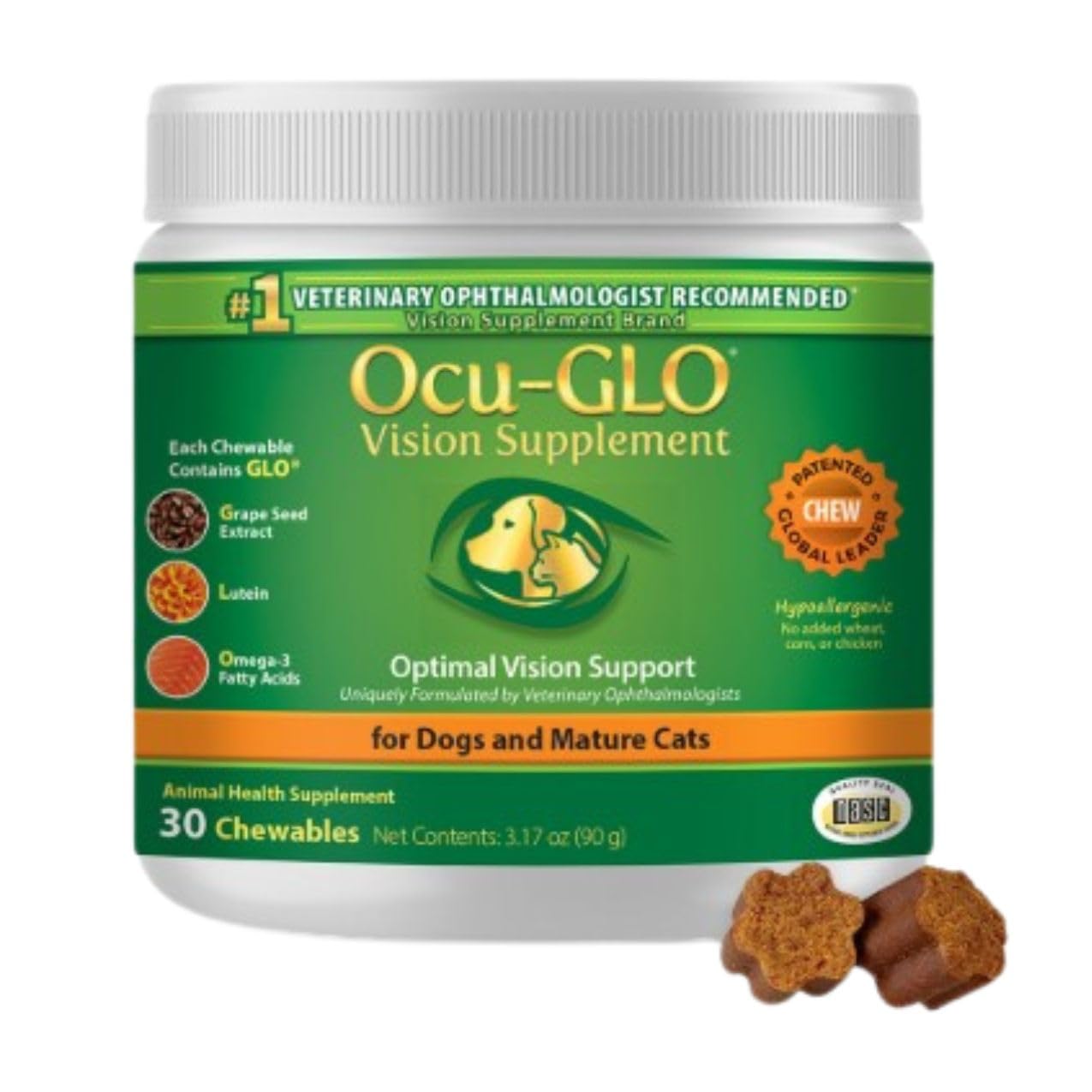 Ocu-GLO eye-supplement-dog-bottle: veterinarian-recommended chew for canine eye health.