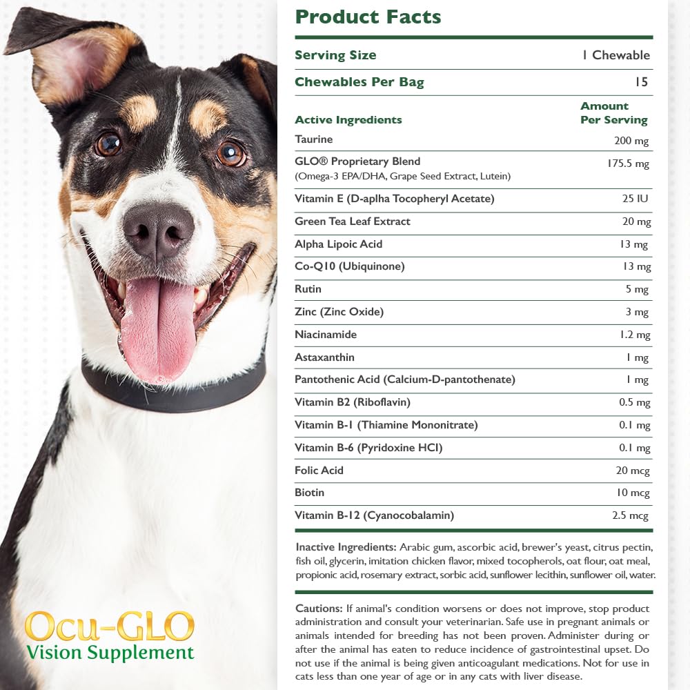 Ocu-GLO soft chew bites depicted as tasty daily wellness support for pets' vision.