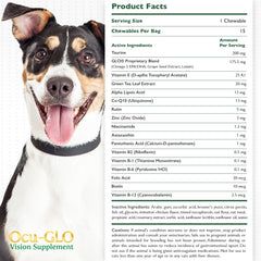Ocu-GLO soft chew bites depicted as tasty daily wellness support for pets' vision.