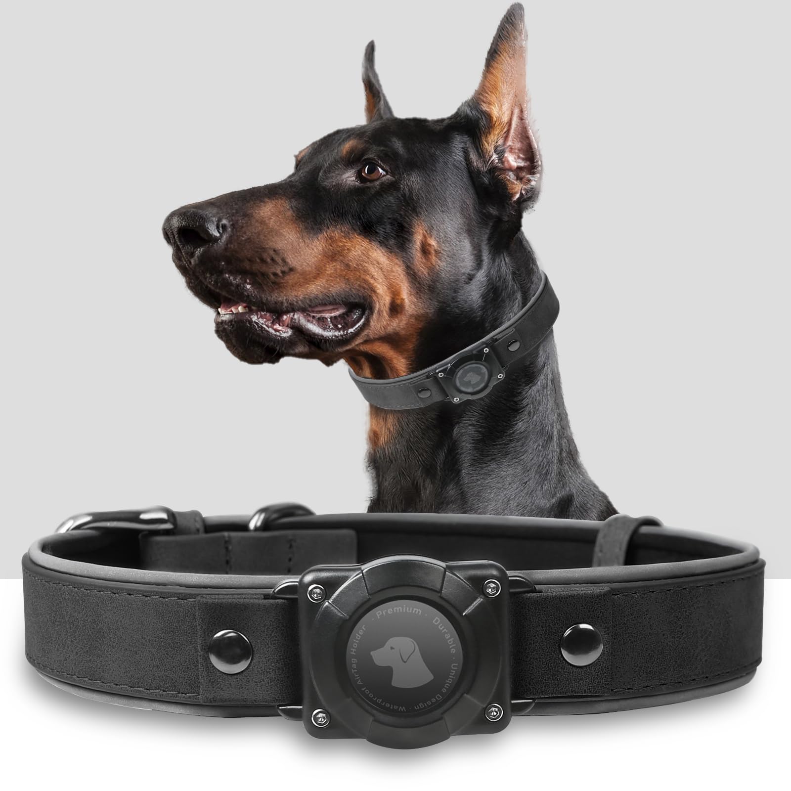Odokele AirTag collar closeup showing durable leather and secure AirTag holder for tracking