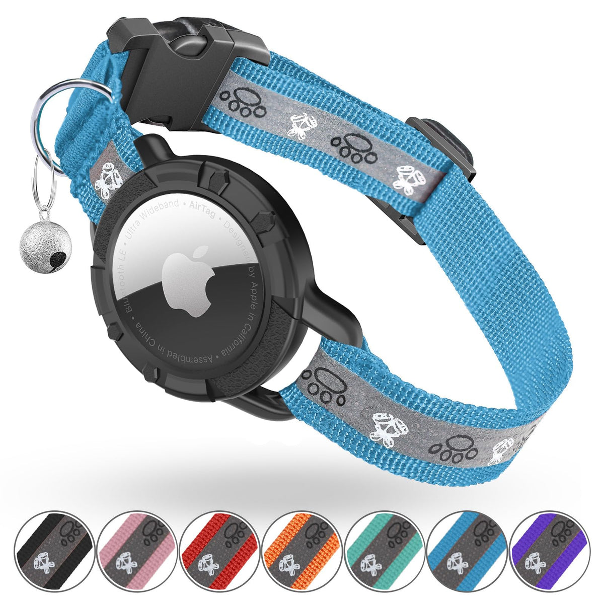 Odokele reflective AirTag cat collar blue XS front view boosts nighttime visibility