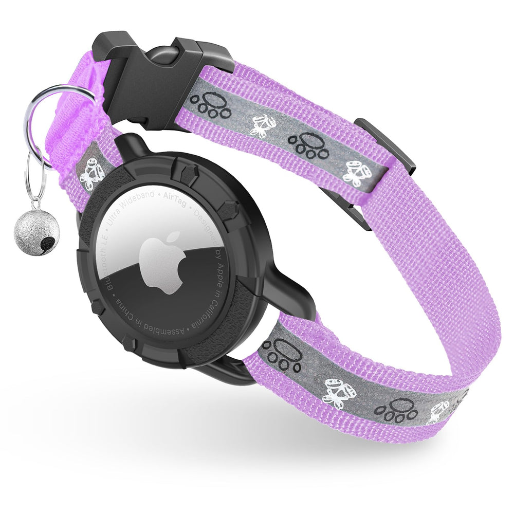 Odokele Reflective AirTag Cat Collar lilac side view showing secure fit and nighttime visibility.