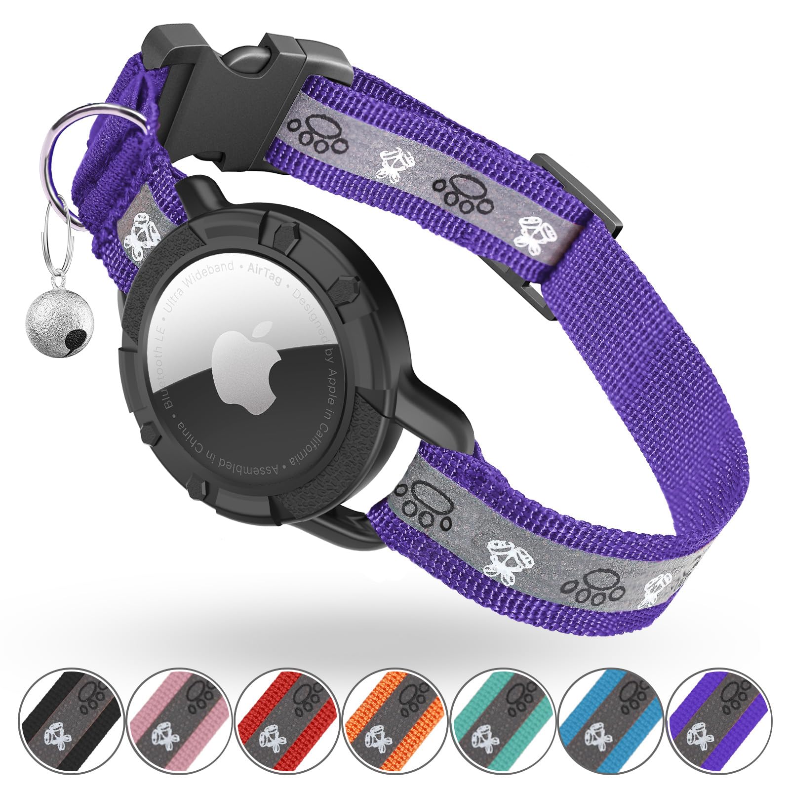 Odokele Reflective AirTag collar purple XS close-up showing night-visible reflective strips for easy locating.
