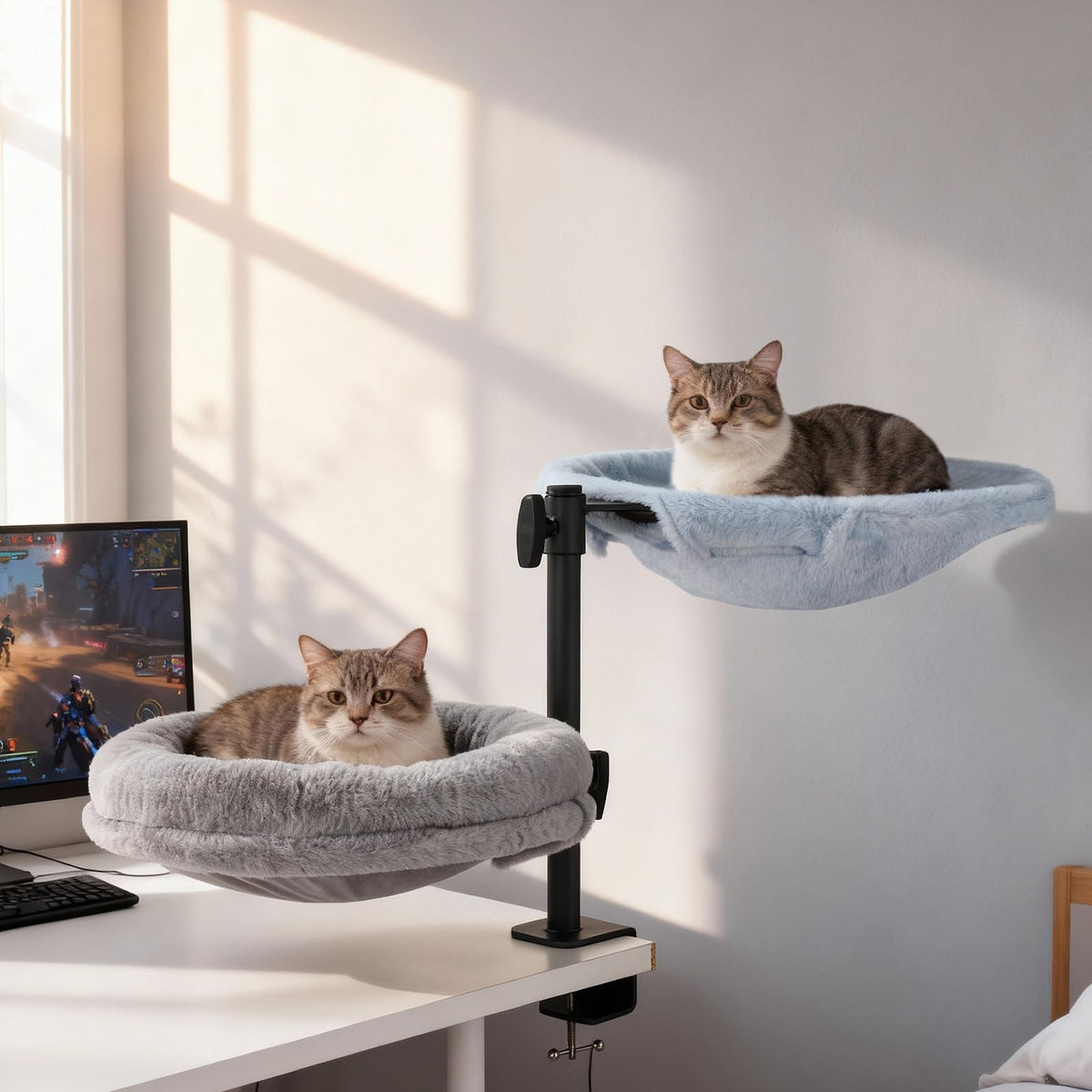 Odoland 2in1 cat desk bed assembly shows sturdy clamp for secure weight support