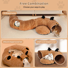 Odoland Reindeer Cat Tunnels Bed demonstrates flexible shapes for play and rest