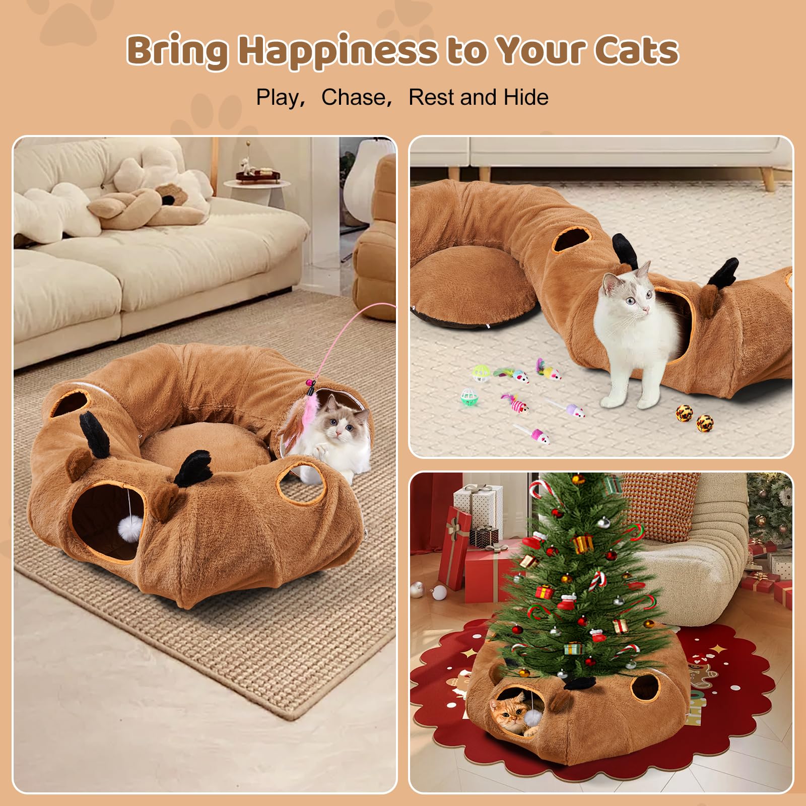 Odoland Reindeer Cat Tunnels Bed machine washable blanket for easy care