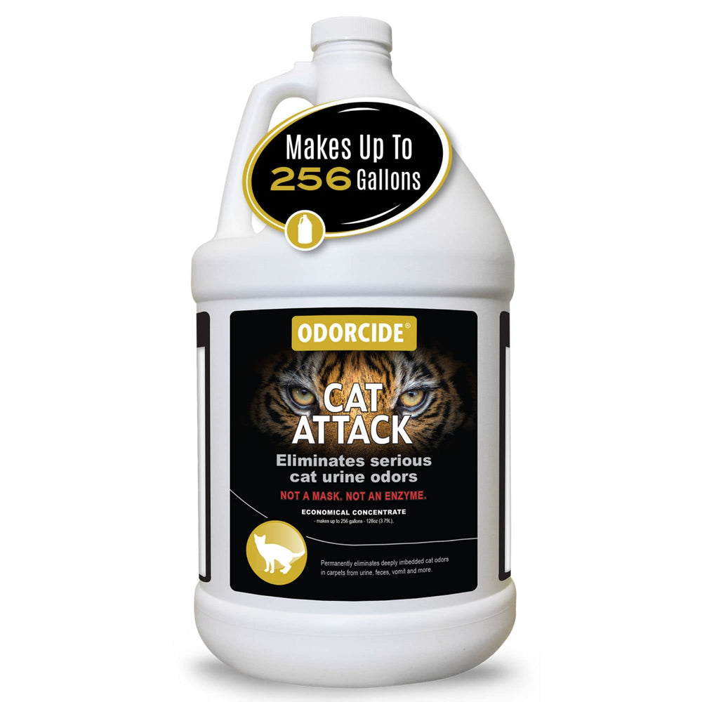 Odorcide Cat Attack Concentrate bottle label—professional-grade odor remover for carpets and upholstery.