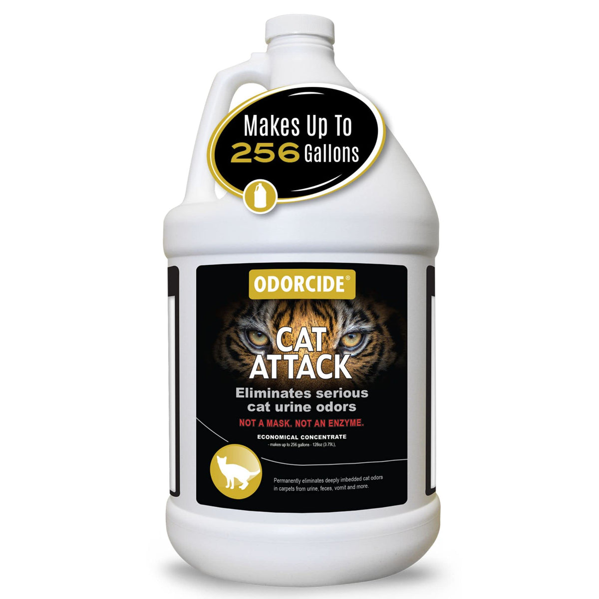 Odorcide Cat Attack Concentrate bottle label—professional-grade odor remover for carpets and upholstery.