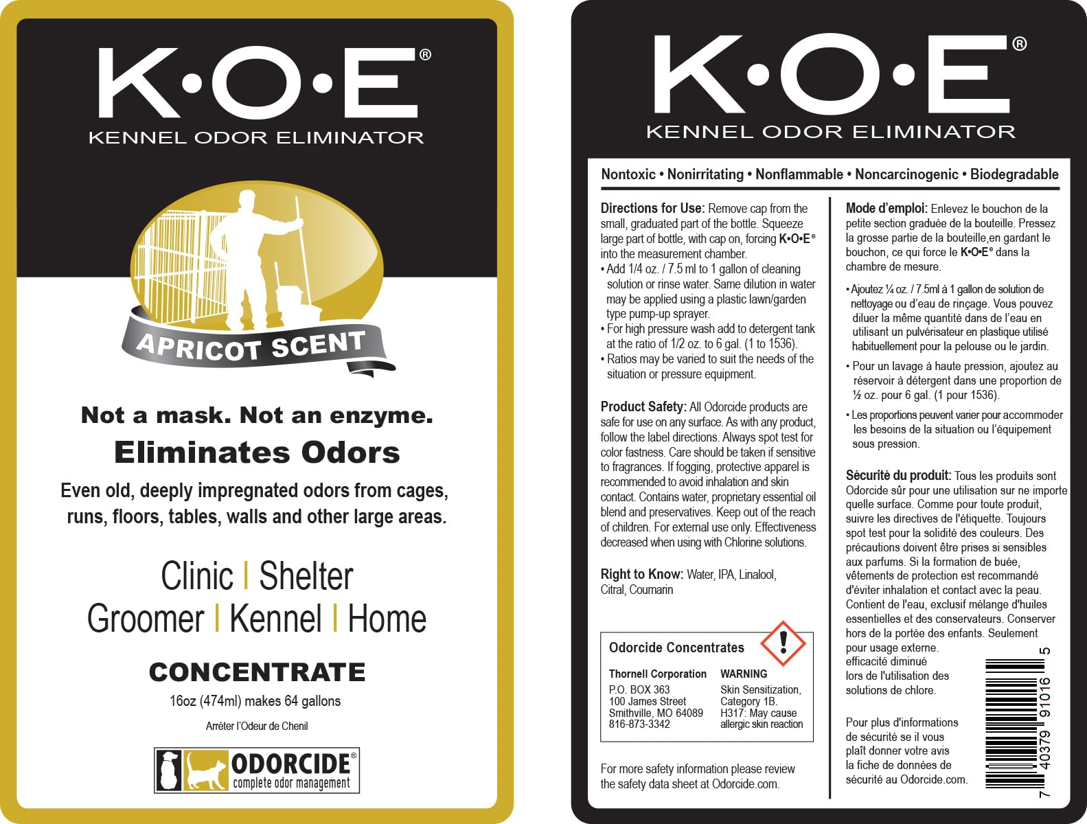 Odorcide K.O.E. Apricot cage-cleaning scene illustrating odor reduction across cages.
