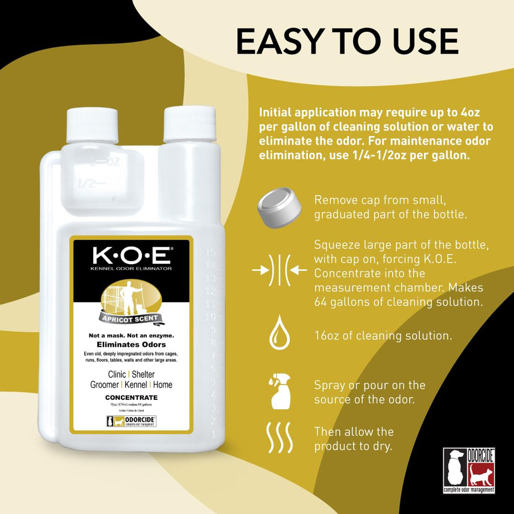 Odorcide K.O.E. Apricot label highlighting safe, non-enzymatic formula for odors.