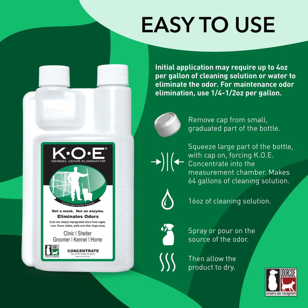 Odorcide KOE dilution guide shows mixing per gallon for odor elimination