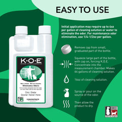Odorcide KOE dilution guide shows mixing per gallon for odor elimination