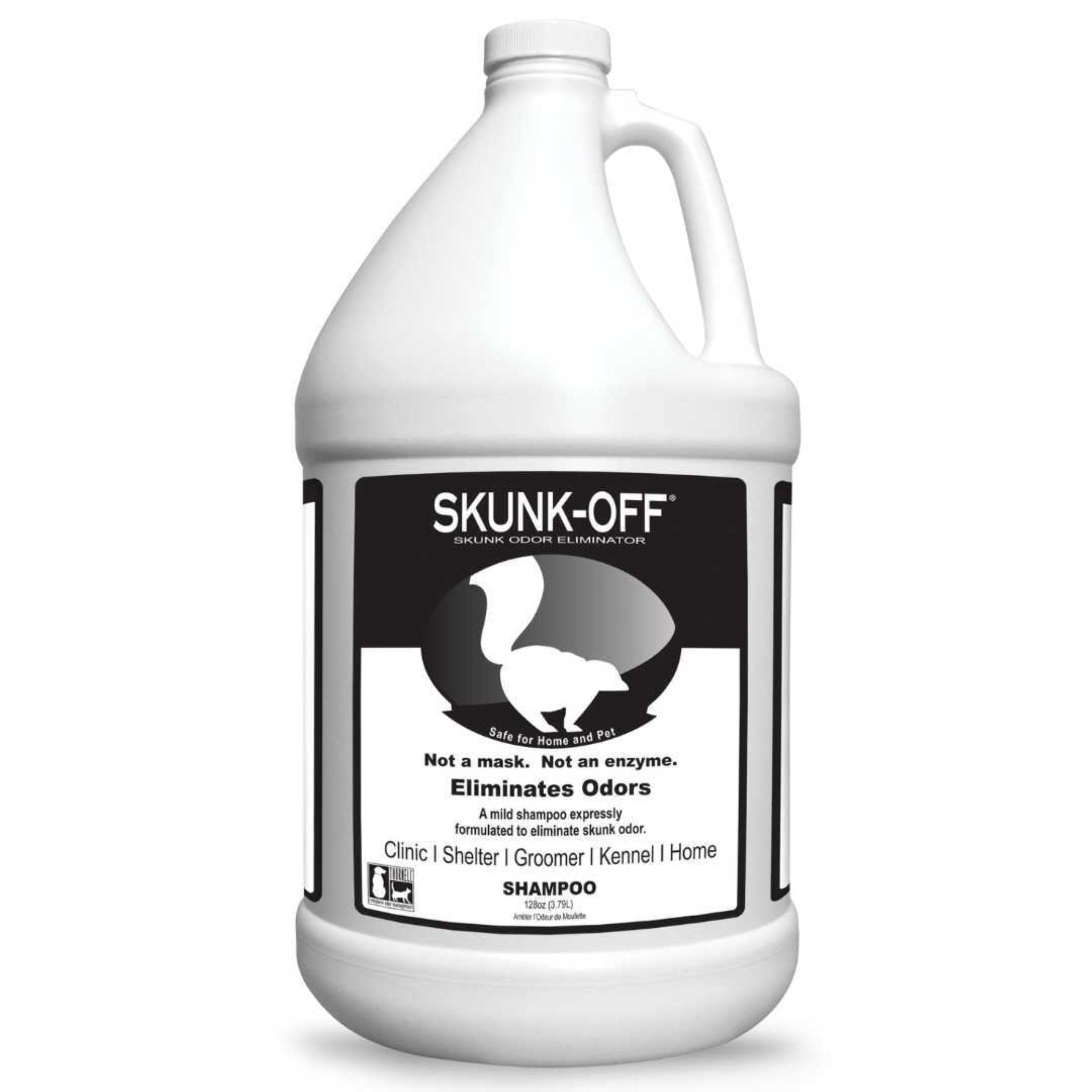 Odorcide Skunk Off Pet Shampoo bottle shows professional odor removal for pets.