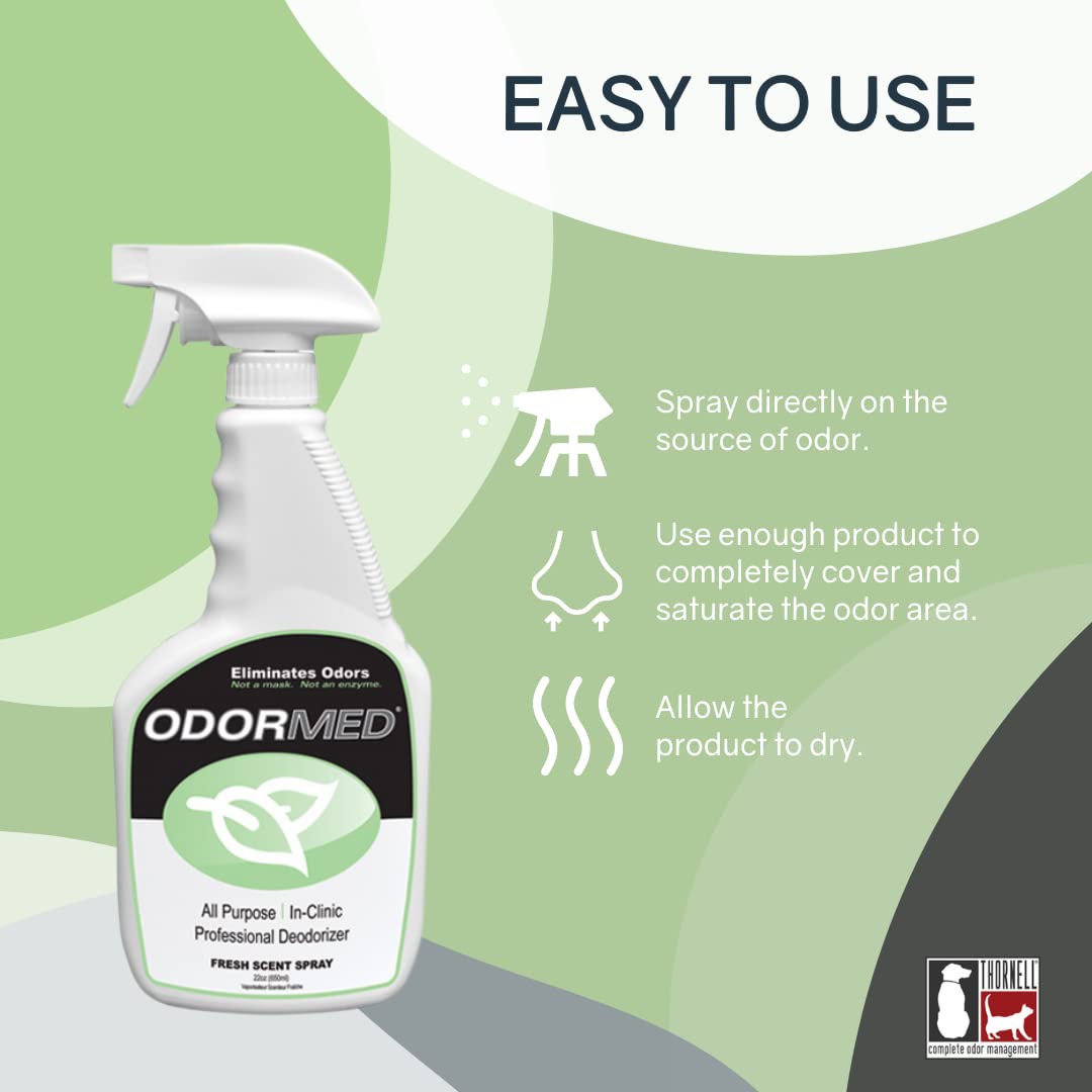 Odormed Odor Eliminator targets cages and fabrics, reducing persistent pet smells in kennels.