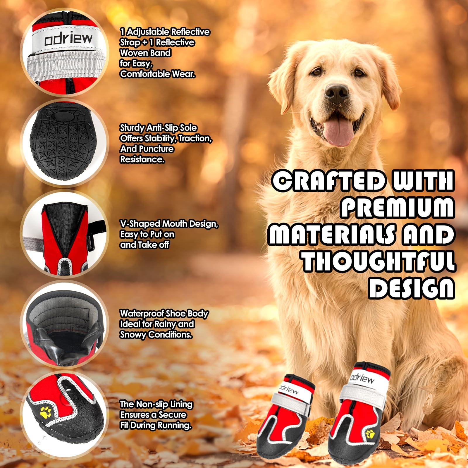 ODRIEW dog shoes non-slip sole in action on varied terrain.
