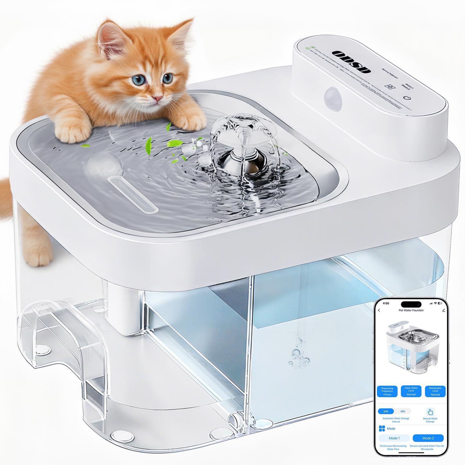 ODSD Cat Water Fountain 3L tank view highlights large capacity for pets.