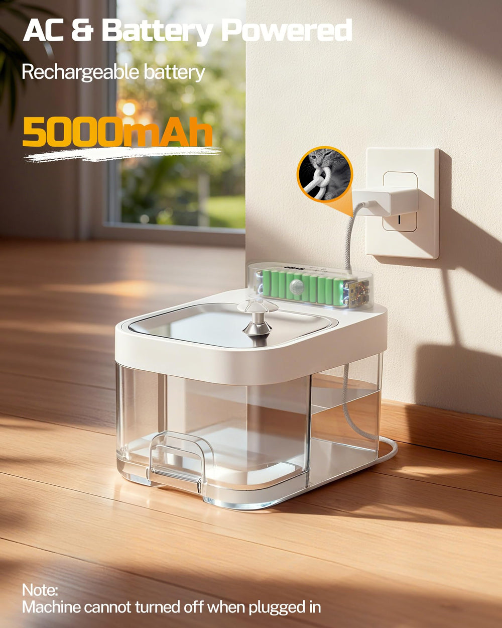 ODSD Cat Water Fountain battery-backup view emphasizes uninterrupted hydration during outages.