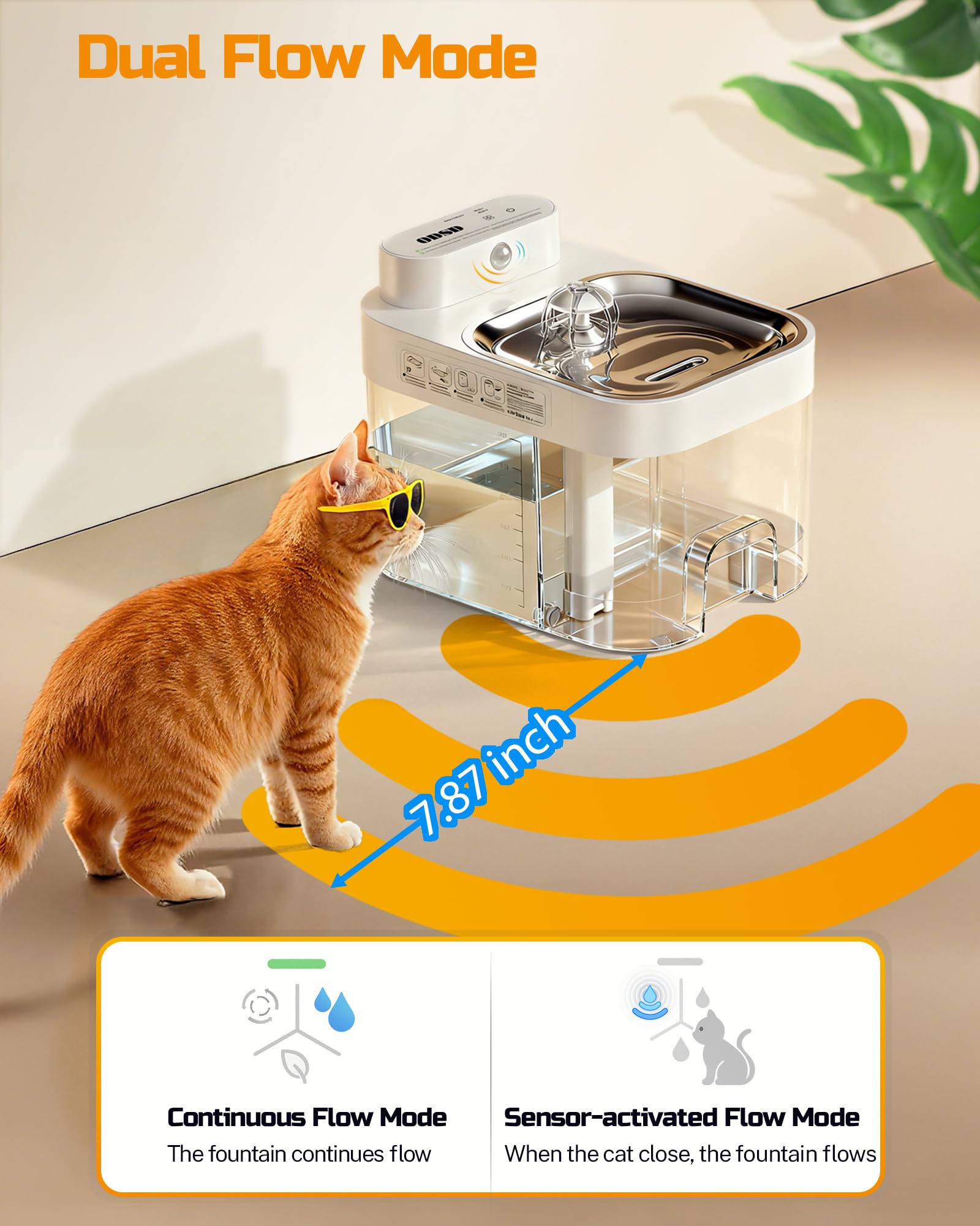 ODSD Cat Water Fountain dual-drinking-modes—smart-sensing and continuous flow.