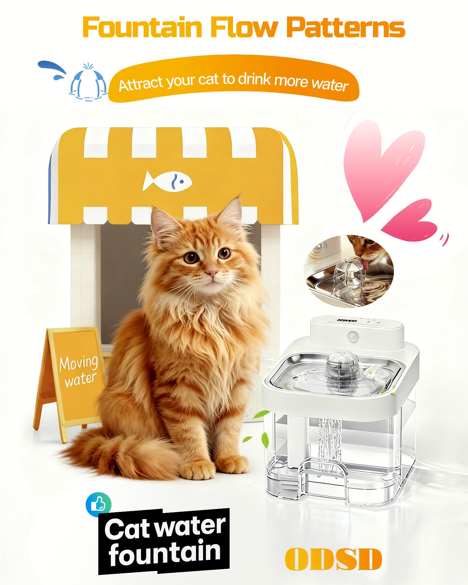 ODSD Cat Water Fountain easy-cleaning shot of detachable parts and wipe-down routine.