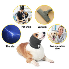 ODSSDAPU No Shake Ear Wraps winter-hoodie on dog demonstrates warmth around head and neck.