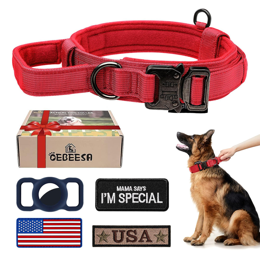 OEBEESA Tactical Dog Collar with red handle for secure control on walks