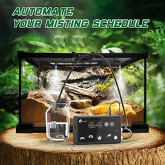 Ogioxam automatic reptile mister system side view showing 360-degree misting coverage