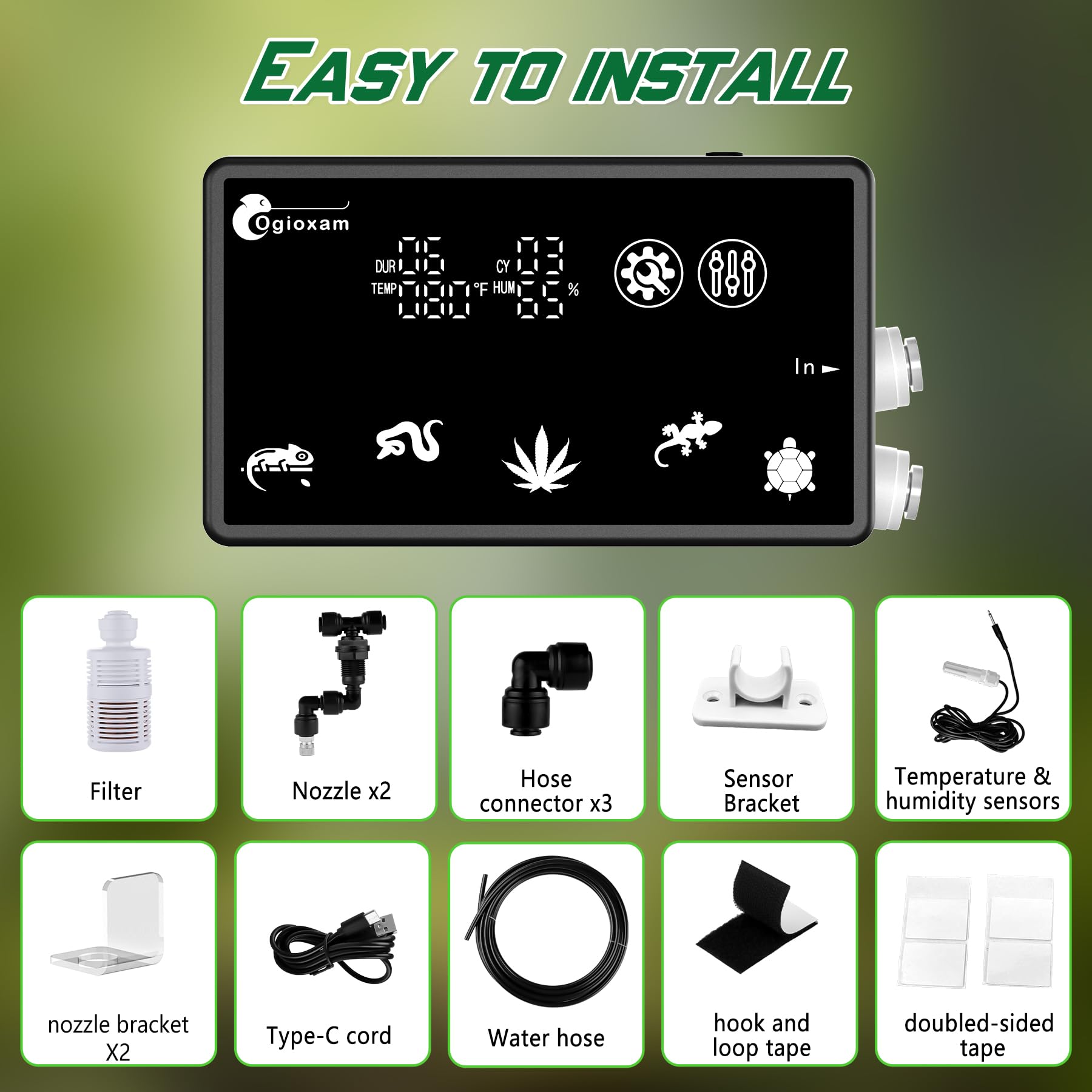 Ogioxam setup image showing USB power and included fittings for quick installation