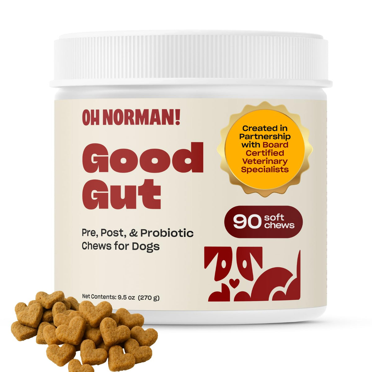 Oh Norman! Probiotic Chews in a dog bowl promoting digestive comfort and enjoyment.